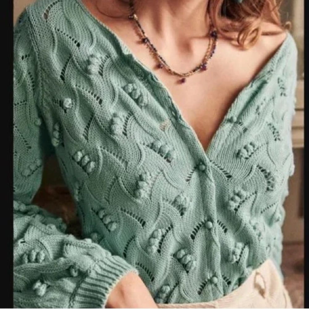 Sezane Marthe 100% Cotton Knit Jumper Cardigan Almond Green - Picture 2 of 8